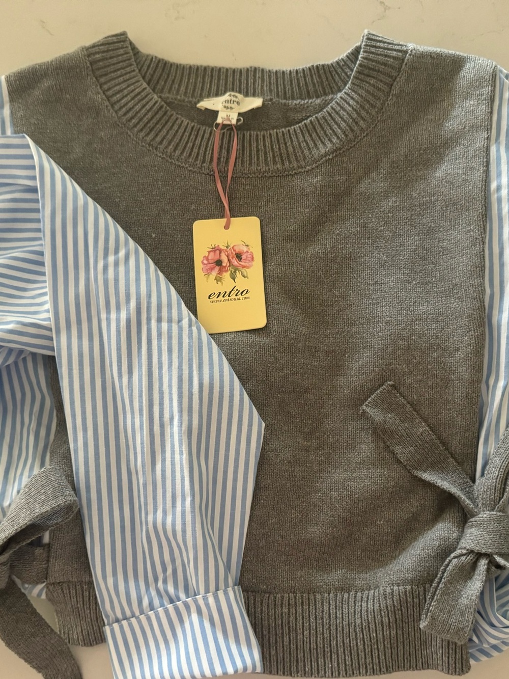 entro  Gray Knit Sweater with Blue Striped Sleeve Accents